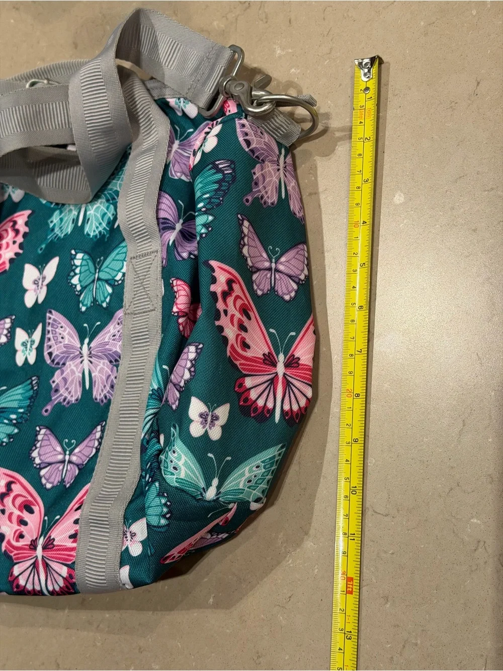 Pottery Barn Kids Mackenzie Duffel Bag Teal Butterfly Print Tote  Gray Straps